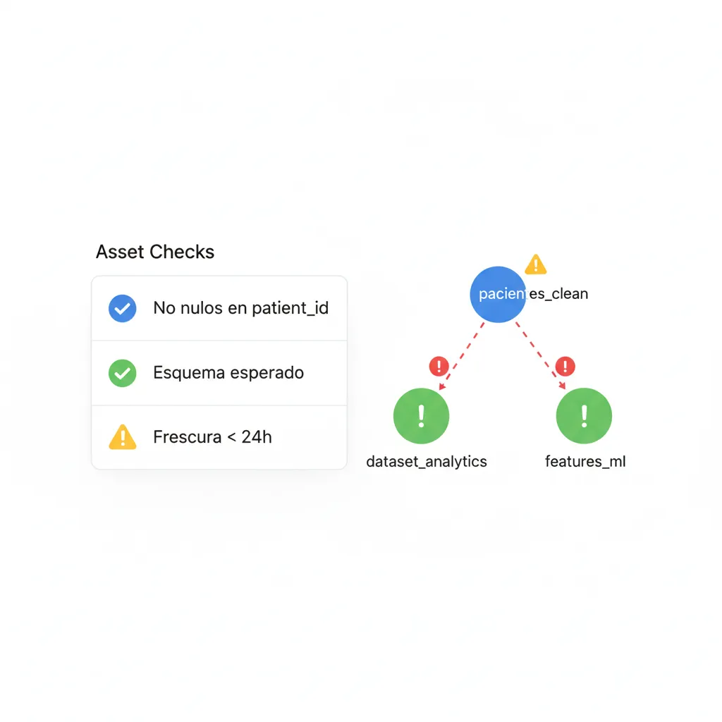 Panel conceptual de checks de calidad de datos y su impacto en assets dependientes