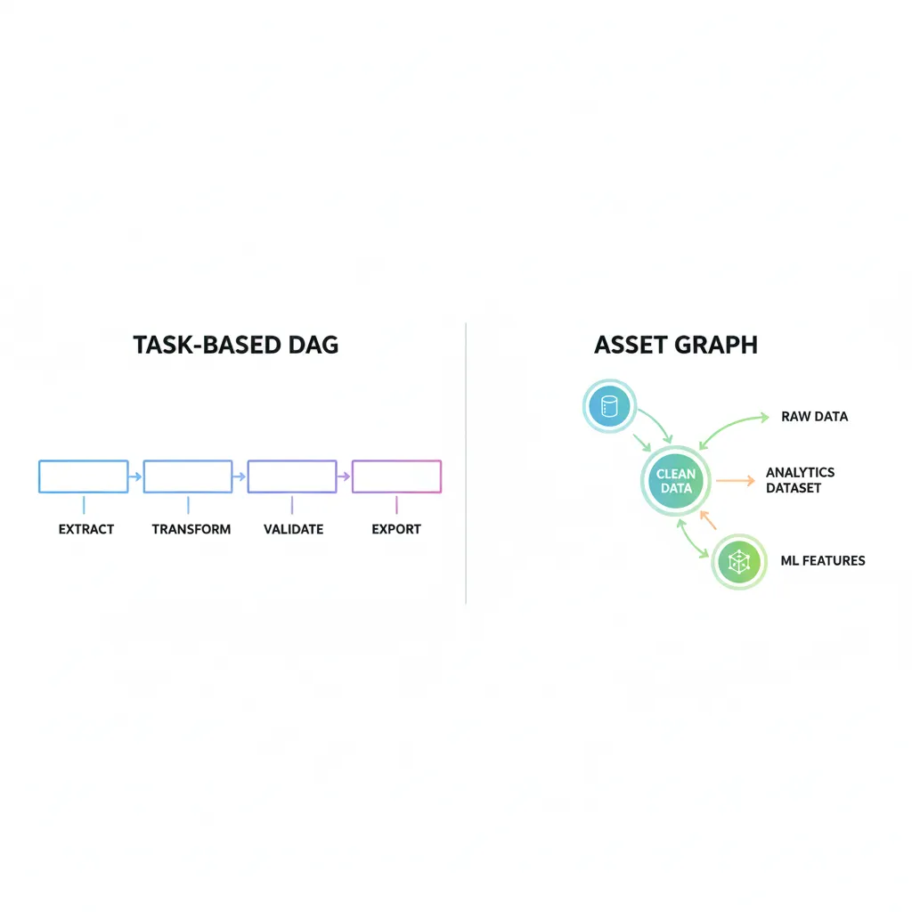 Comparación entre flujo lineal de tareas y grafo de assets con ramificaciones