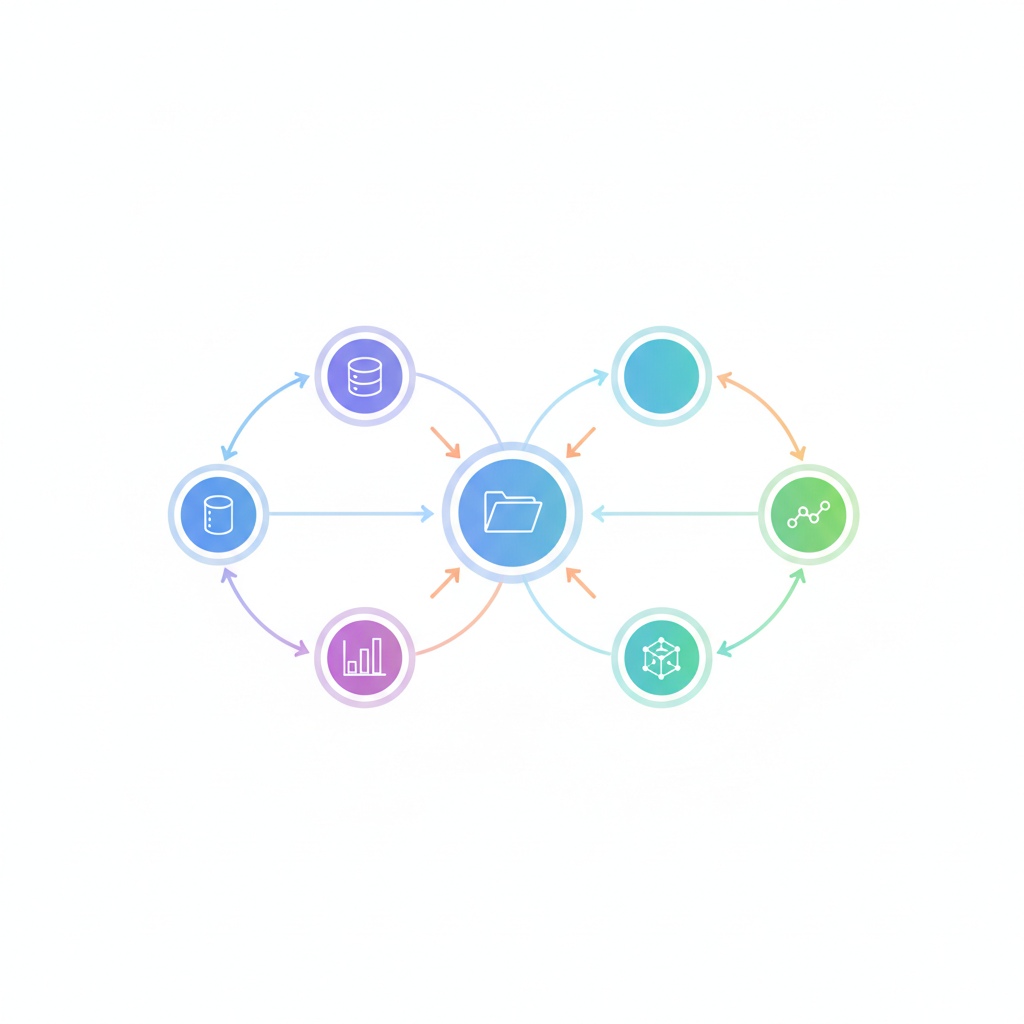 Grafo de datos con nodos conectados representando assets y sus dependencias