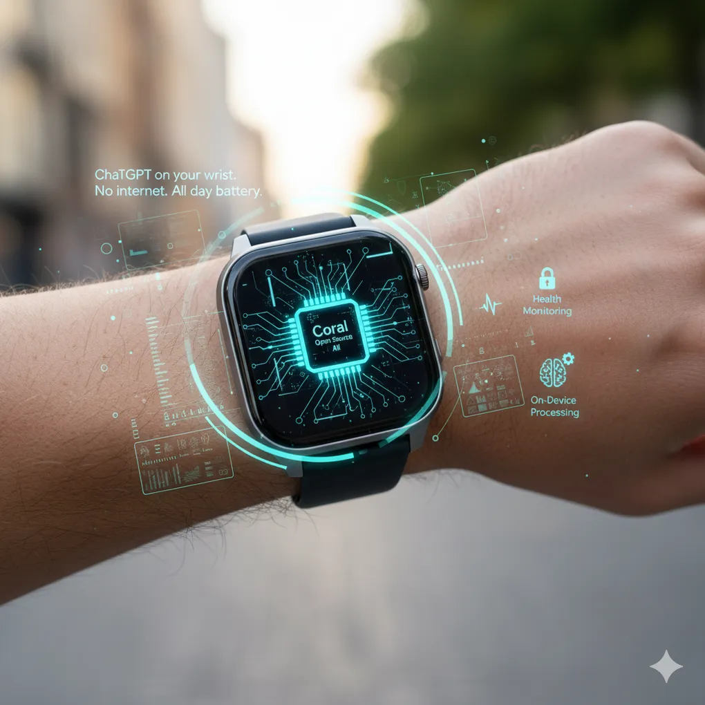 Reloj inteligente con NPU Coral ejecutando IA en el dispositivo para salud y traducción offline