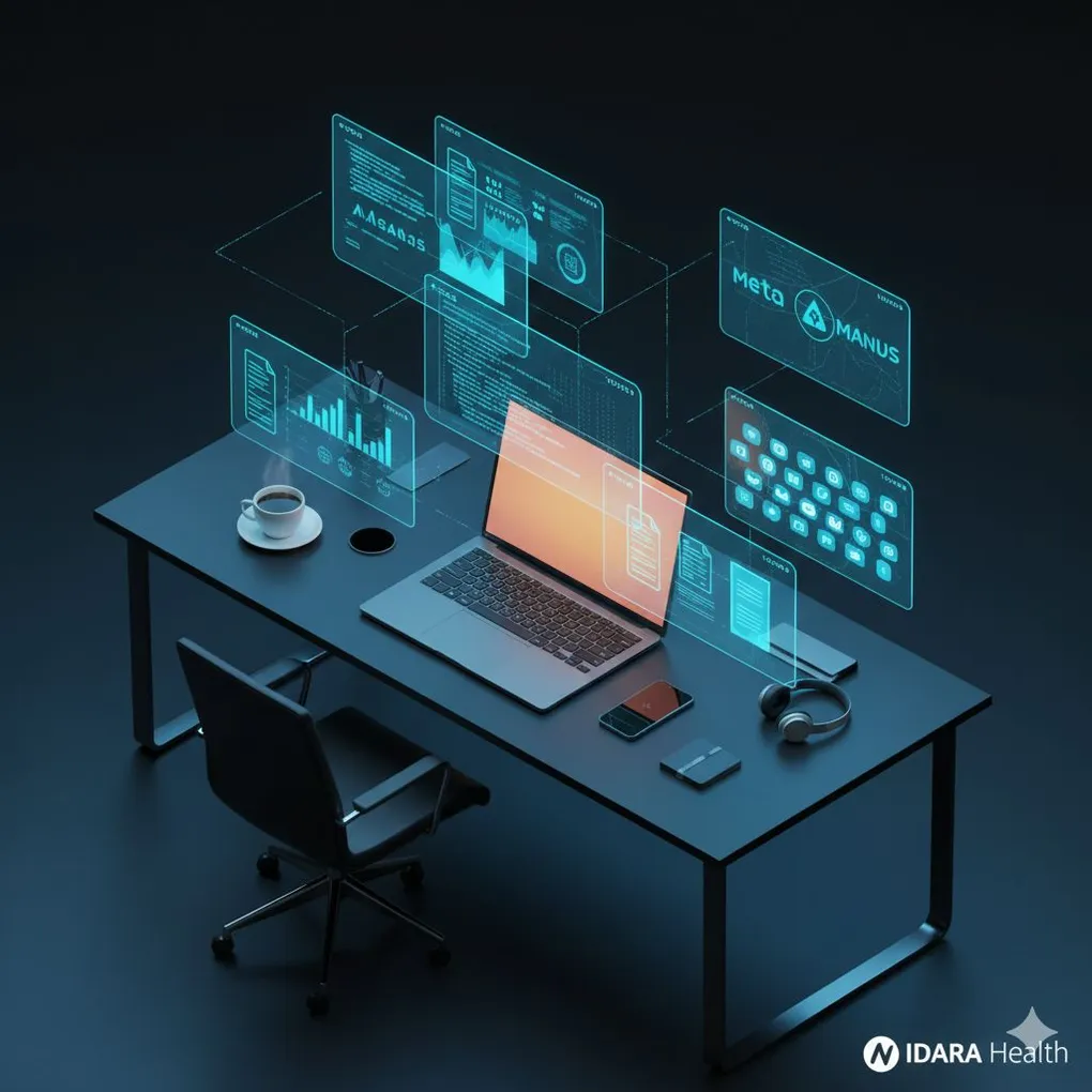 Escritorio con laptop y pantallas holográficas mostrando Meta y Manus